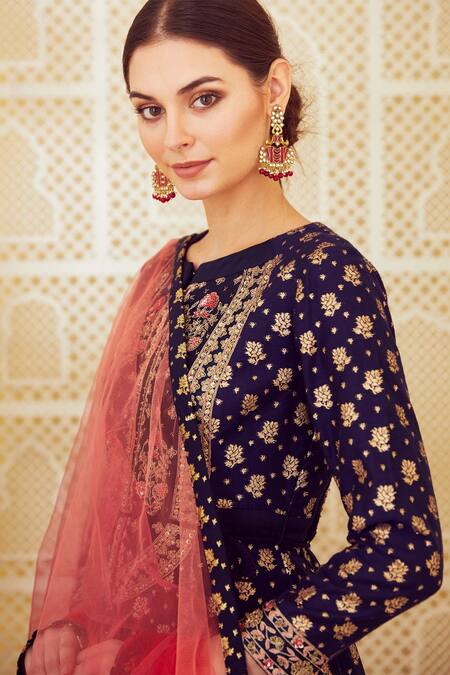 Shop Shyam Narayan Prasad Blue Silk Chanderi Anarkali Set Online at Aza Fashions Shop_Shyam Narayan Prasad_Blue Silk Chanderi Anarkali Set _Online_at_Aza_Fashions