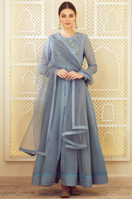 Shyam Narayan Prasad Blue Silk Round Chanderi Jacquard Anarkali Set 