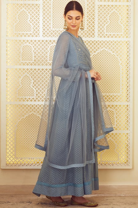 Shyam Narayan Prasad_Blue Silk, Georgette, Chanderi Jacquard Round Anarkali Set _Online_at_Aza_Fashions