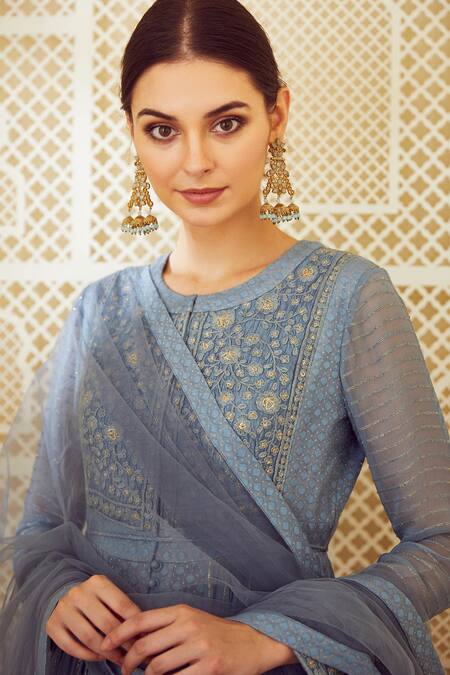 Buy_Shyam Narayan Prasad_Blue Silk, Georgette, Chanderi Jacquard Round Anarkali Set _Online_at_Aza_Fashions
