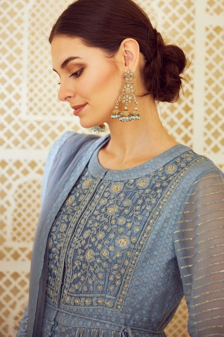 Shop_Shyam Narayan Prasad_Blue Silk, Georgette, Chanderi Jacquard Round Anarkali Set _Online_at_Aza_Fashions