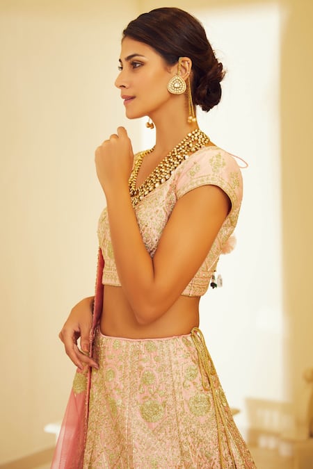 Buy_Shyam Narayan Prasad_Pink Raw Silk Round Embroidered Lehenga Set _Online_at_Aza_Fashions