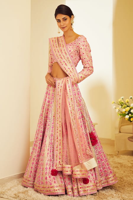 Buy_Shyam Narayan Prasad_Pink Raw Silk Round Lehenga Set _Online_at_Aza_Fashions