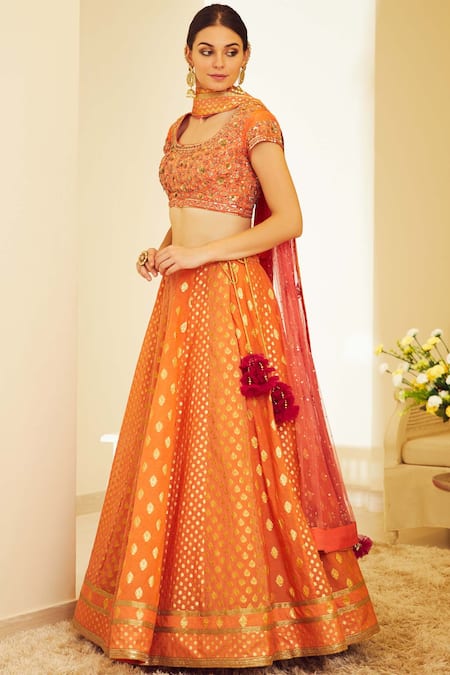 Shyam Narayan Prasad_Orange Chanderi, , Silk Round Lehenga Set _Online_at_Aza_Fashions