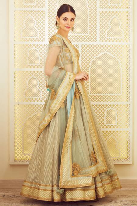 Shyam Narayan Prasad Green Silk Round Chanderi Lehenga Set Online at Aza Fashions Shyam Narayan Prasad_Green Silk Round Chanderi Lehenga Set _Online_at_Aza_Fashions