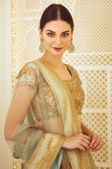 Shop Shyam Narayan Prasad Green Silk Round Chanderi Lehenga Set Online at Aza Fashions Shop_Shyam Narayan Prasad_Green Silk Round Chanderi Lehenga Set _Online_at_Aza_Fashions