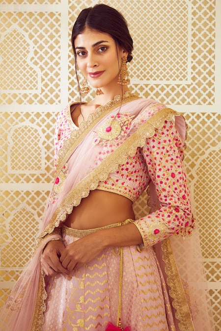 Buy Shyam Narayan Prasad Pink Silk, Chanderi Brocade Round Lehenga Set Online at Aza Fashions Buy_Shyam Narayan Prasad_Pink Silk, Chanderi Brocade Round Lehenga Set _Online_at_Aza_Fashions