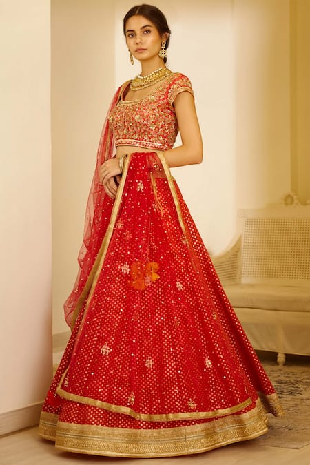 Shyam Narayan Prasad_Red Chanderi, , Silk Round Lehenga Set _Online_at_Aza_Fashions