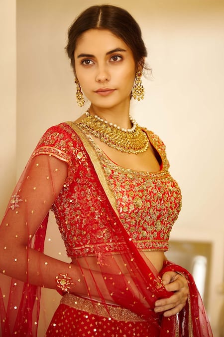 Buy_Shyam Narayan Prasad_Red Chanderi, , Silk Round Lehenga Set _Online_at_Aza_Fashions