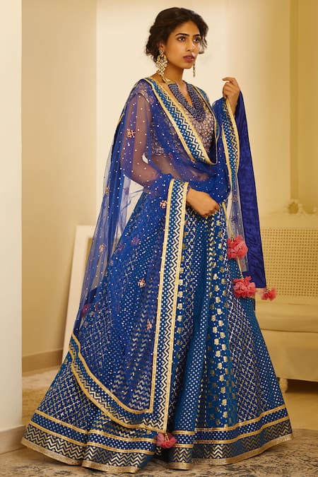 Shyam Narayan Prasad Blue Chanderi, , Silk Round Lehenga Set Online at Aza Fashions Shyam Narayan Prasad_Blue Chanderi, , Silk Round Lehenga Set _Online_at_Aza_Fashions