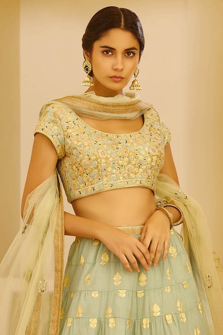 Shop Shyam Narayan Prasad Green Chanderi Lehenga Set Online at Aza Fashions Shop_Shyam Narayan Prasad_Green Chanderi Lehenga Set _Online_at_Aza_Fashions