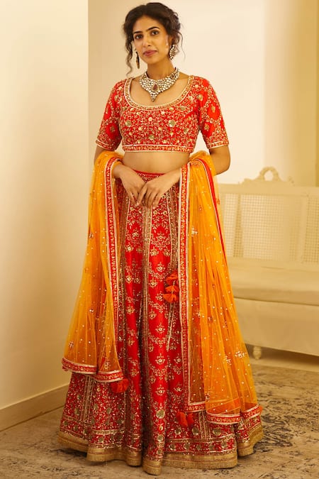 Shyam Narayan Prasad Red Raw Silk Lehenga Set 