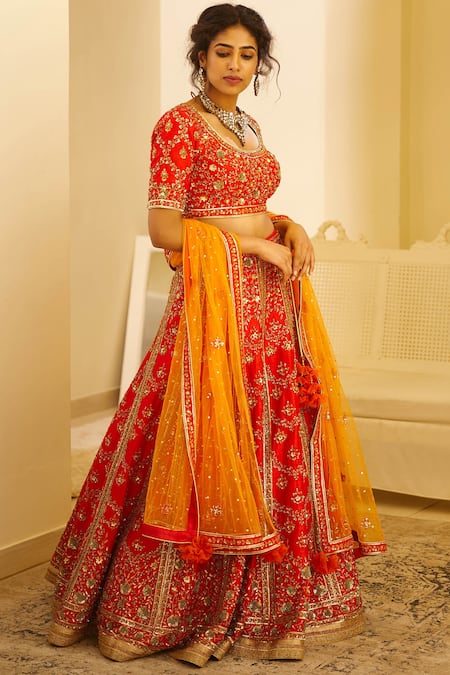 Shyam Narayan Prasad Red Raw Silk Lehenga Set Online at Aza Fashions Shyam Narayan Prasad_Red Raw Silk Lehenga Set _Online_at_Aza_Fashions