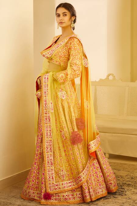 Buy_Shyam Narayan Prasad_Multi Color Raw Silk Gota And Thread Round Bridal Lehenga Set _Online_at_Aza_Fashions