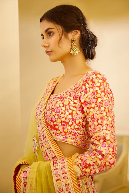 Shop_Shyam Narayan Prasad_Multi Color Raw Silk Gota And Thread Round Bridal Lehenga Set _Online_at_Aza_Fashions