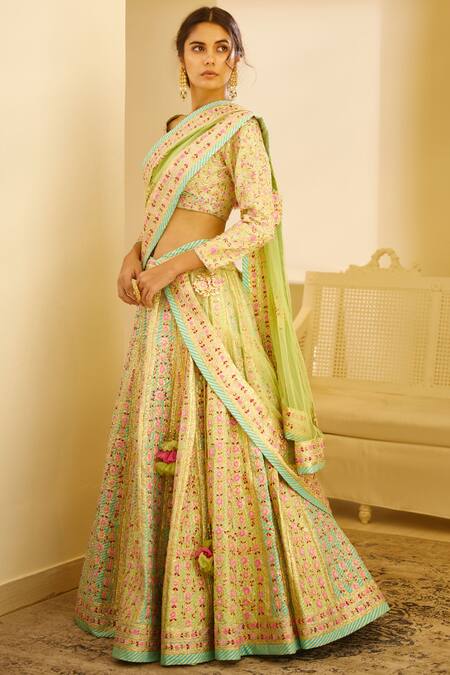 Buy_Shyam Narayan Prasad_Multi Color Raw Silk Gota Patti Round Lehenga Set _Online_at_Aza_Fashions