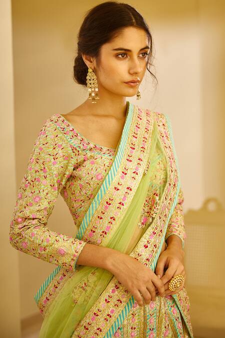 Shop_Shyam Narayan Prasad_Multi Color Raw Silk Gota Patti Round Lehenga Set _Online_at_Aza_Fashions