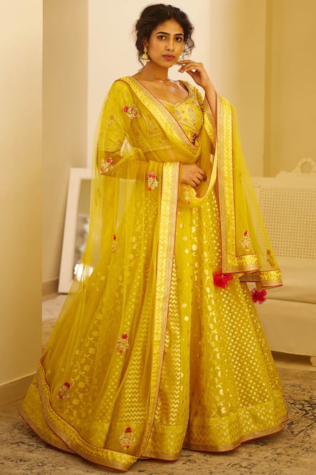 Shyam Narayan Prasad_Yellow Chanderi, , Silk Sweetheart Neck Lehenga Set _Online_at_Aza_Fashions