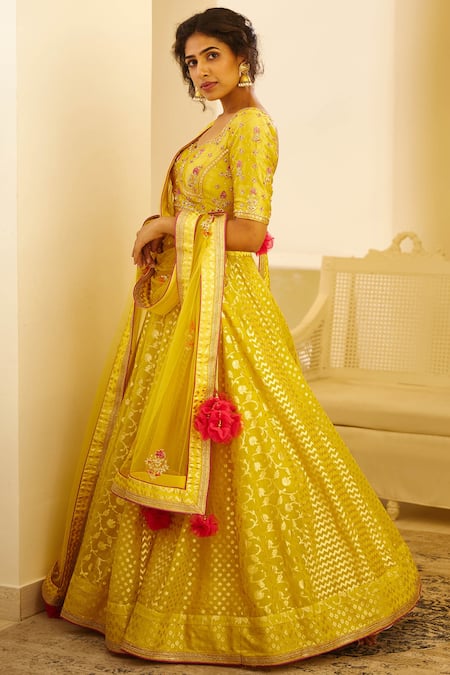 Buy_Shyam Narayan Prasad_Yellow Chanderi, , Silk Sweetheart Neck Lehenga Set _Online_at_Aza_Fashions