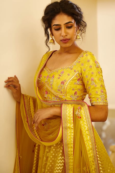 Shop_Shyam Narayan Prasad_Yellow Chanderi, , Silk Sweetheart Neck Lehenga Set _Online_at_Aza_Fashions