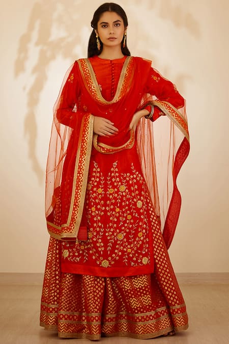 Shyam Narayan Prasad Silk Chanderi Kurta Lehenga Set 