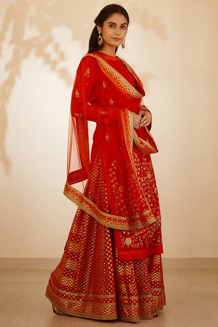 Shyam Narayan Prasad_Orange Silk Chanderi Kurta Lehenga Set _Online_at_Aza_Fashions