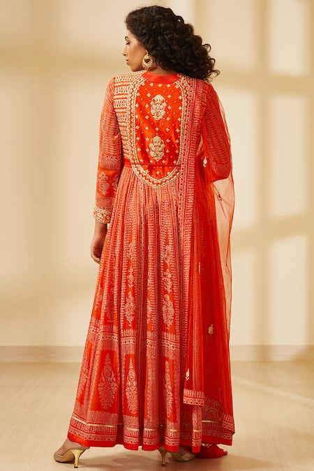 Shop Shyam Narayan Prasad Orange Silk Block Printed Anarkali Set at Aza Fashions Shop_Shyam Narayan Prasad_Orange Silk Block Printed Anarkali Set _at_Aza_Fashions