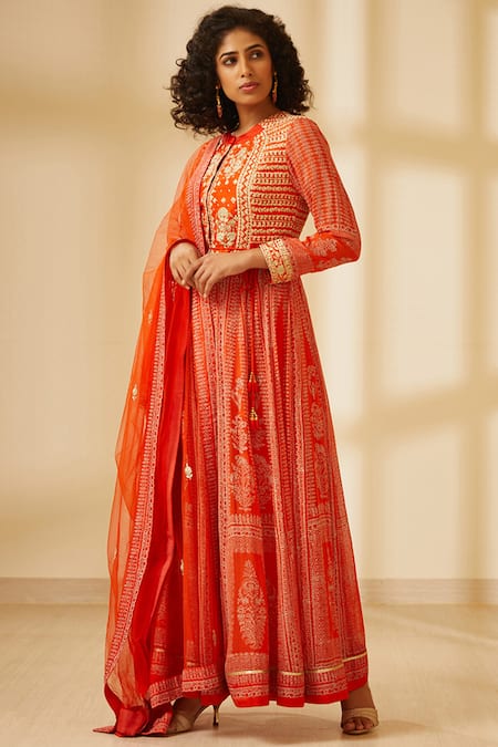 Shyam Narayan Prasad Orange Silk Block Printed Anarkali Set Online at Aza Fashions Shyam Narayan Prasad_Orange Silk Block Printed Anarkali Set _Online_at_Aza_Fashions