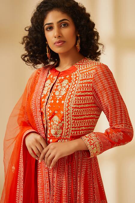 Buy Shyam Narayan Prasad Orange Silk Block Printed Anarkali Set Online at Aza Fashions Buy_Shyam Narayan Prasad_Orange Silk Block Printed Anarkali Set _Online_at_Aza_Fashions