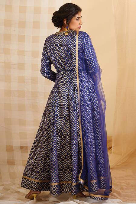 Shop Shyam Narayan Prasad Blue Chanderi Brocade Anarkali Set at Aza Fashions Shop_Shyam Narayan Prasad_Blue Chanderi Brocade Anarkali Set_at_Aza_Fashions
