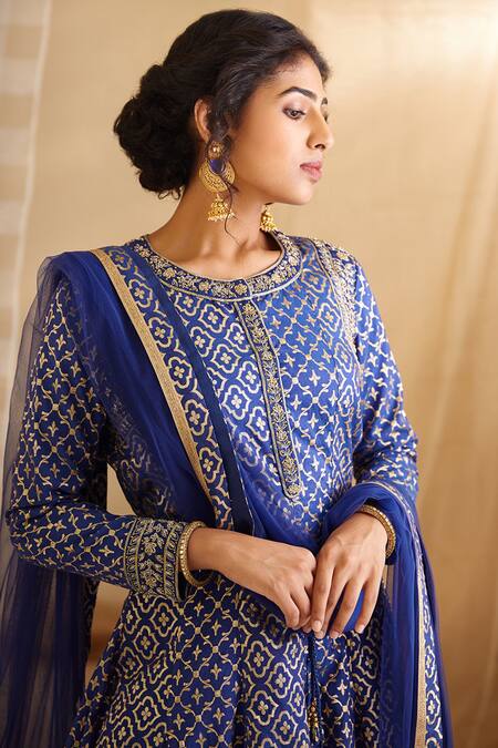 Shop Shyam Narayan Prasad Blue Chanderi Brocade Anarkali Set Online at Aza Fashions Shop_Shyam Narayan Prasad_Blue Chanderi Brocade Anarkali Set_Online_at_Aza_Fashions