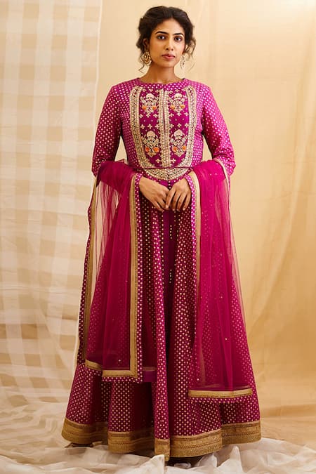 Shyam Narayan Prasad Pink Silk Chanderi Brocade Round Anarkali Set 