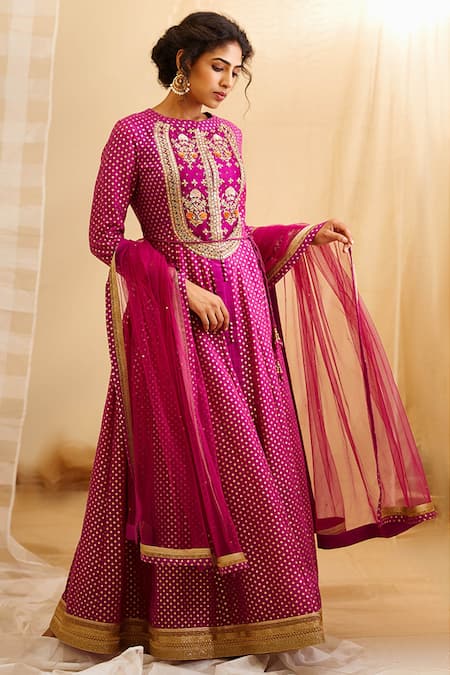 Shyam Narayan Prasad_Pink Georgette, Silk Chanderi Brocade Round Anarkali Set _Online_at_Aza_Fashions