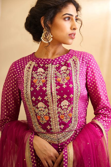 Shop_Shyam Narayan Prasad_Pink Georgette, Silk Chanderi Brocade Round Anarkali Set _Online_at_Aza_Fashions