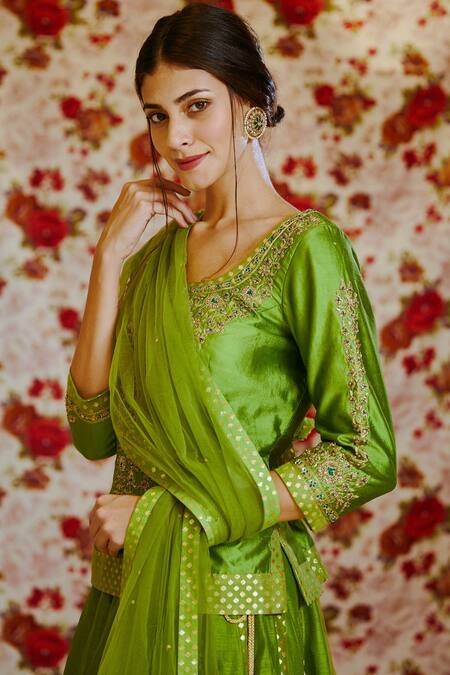 Shop_Shyam Narayan Prasad_Green Silk, Chanderi Brocade 3d Floral Motif Round Neck Kurta Lehenga Set _Online_at_Aza_Fashions