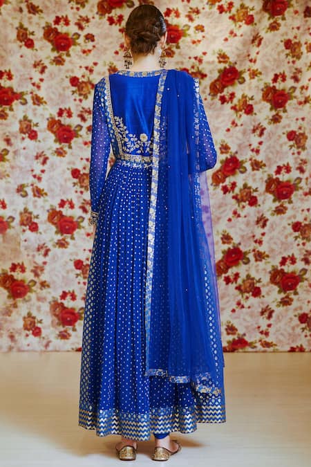 Shop Shyam Narayan Prasad Blue Georgette, Silk Chanderi Brocade Round Anarkali Set at Aza Fashions Shop_Shyam Narayan Prasad_Blue Georgette, Silk Chanderi Brocade Round Anarkali Set _at_Aza_Fashions