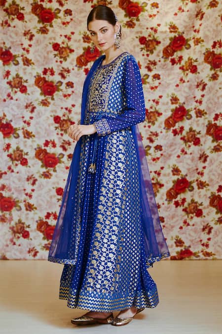 Shyam Narayan Prasad Blue Georgette, Silk Chanderi Brocade Round Anarkali Set Online at Aza Fashions Shyam Narayan Prasad_Blue Georgette, Silk Chanderi Brocade Round Anarkali Set _Online_at_Aza_Fashions