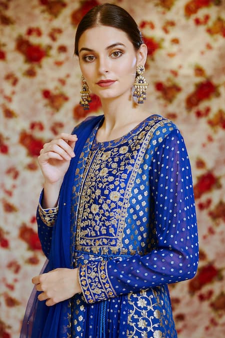 Buy Shyam Narayan Prasad Blue Georgette, Silk Chanderi Brocade Round Anarkali Set Online at Aza Fashions Buy_Shyam Narayan Prasad_Blue Georgette, Silk Chanderi Brocade Round Anarkali Set _Online_at_Aza_Fashions