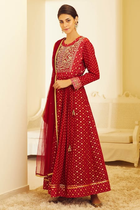 Buy_Shyam Narayan Prasad_Maroon Georgette, Silk Chanderi Brocade Round Anarkali Set _Online_at_Aza_Fashions