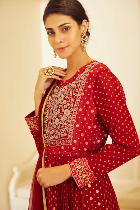 Shop_Shyam Narayan Prasad_Maroon Georgette, Silk Chanderi Brocade Round Anarkali Set _Online_at_Aza_Fashions