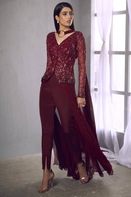 Shloka Khialani_Maroon Net, Crepe, Georgette V Neck Embellished Jacket And Pant Set _Online_at_Aza_Fashions