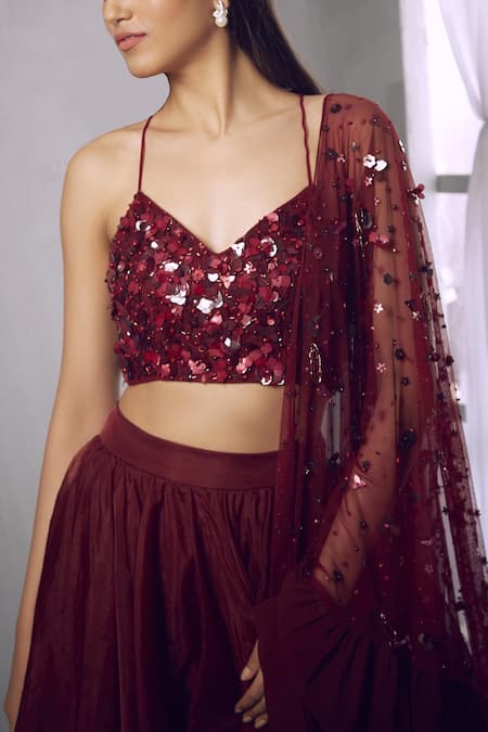 Shloka Khialani_Maroon Organza, Net, Crepe, Georgette V Neck Embellished Lehenga Set _Online_at_Aza_Fashions