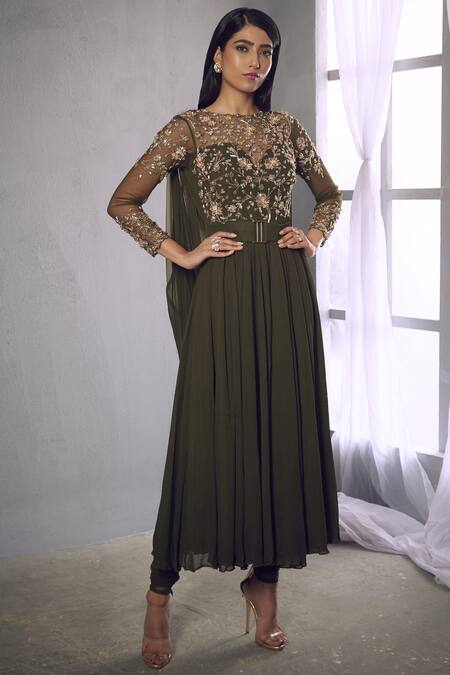 Shloka Khialani_Green Net, Crepe, Georgette Round Embellished Anarkali Set _Online_at_Aza_Fashions