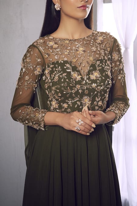 Buy_Shloka Khialani_Green Net, Crepe, Georgette Round Embellished Anarkali Set _Online_at_Aza_Fashions
