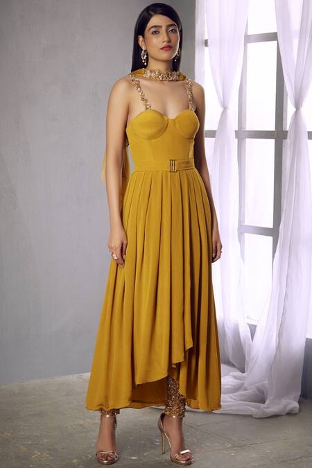 Shloka Khialani_Yellow Embroidered Corset Kurta Set_Online_at_Aza_Fashions
