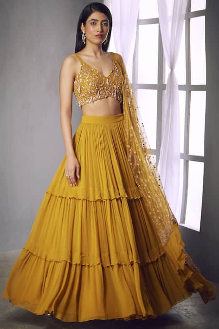 Shloka Khialani Yellow Georgette V Neck Embroidered Lehenga Set  