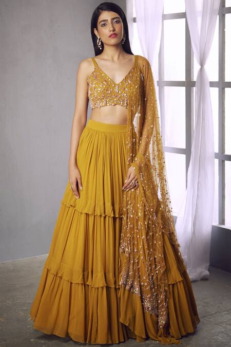 Shloka Khialani_Yellow Net, Crepe, Georgette V Neck Embroidered Lehenga Set  _Online_at_Aza_Fashions
