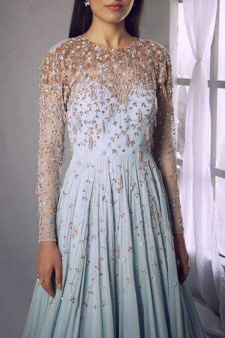 Shloka Khialani_Blue Net, Crepe, Georgette Round Embellished Gown _Online_at_Aza_Fashions