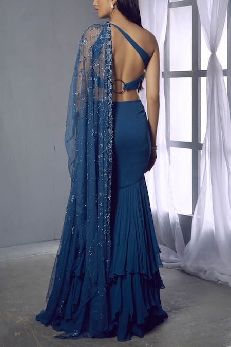 Shop Shloka Khialani Blue Net, Crepe, Georgette Asymmetric Embroidered Lehenga Set at Aza Fashions Shop_Shloka Khialani_Blue Net, Crepe, Georgette Asymmetric Embroidered Lehenga Set _at_Aza_Fashions