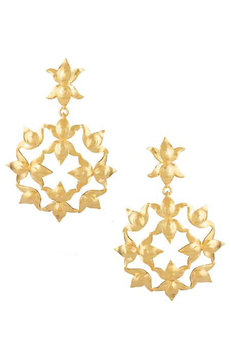 Ornamaas Gold Plated Carved Lotus Motif Dangler Earrings 